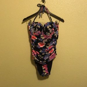 Navy one piece swimsuit with floral print